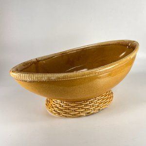 Vtg USA Pottery Ceramic Footed Oval Succulent Planter Yellow Glazed Straw Weave